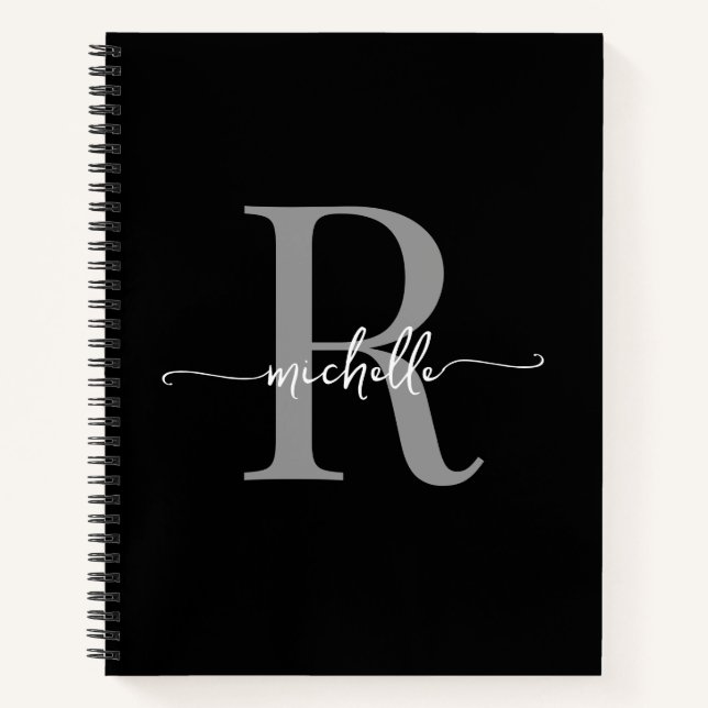 Carnet Monogramme de nom moderne gris noir pour fille (Devant)