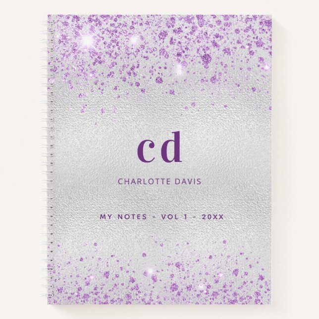 Carnet Monogramme de nom paillettes lavande argenté (Devant)