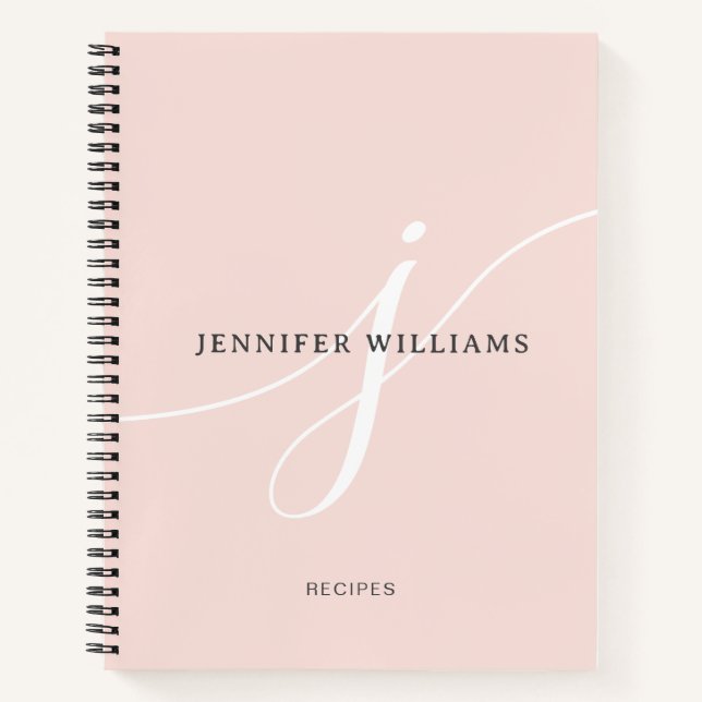 Carnet Monogramme de recette élégant rose blush blanc scr (Devant)
