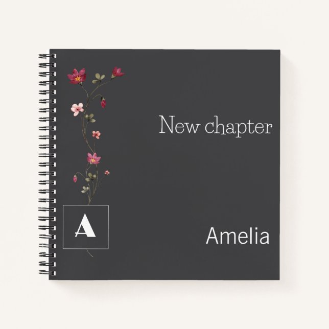 Carnet monogramme de retraite aquarelle nom floral gris (Devant)