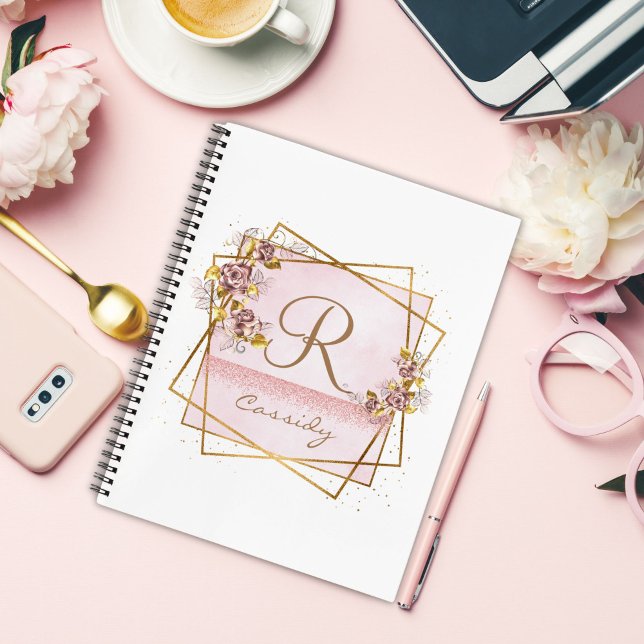 Carnet Monogramme de rose pailleté or rose élégant  (Créateur téléchargé)