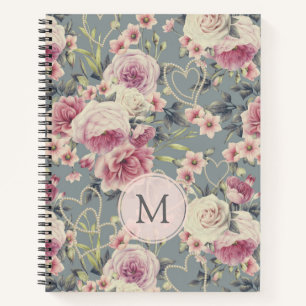 Carnet Monogramme de roses roses et de coeurs de perle