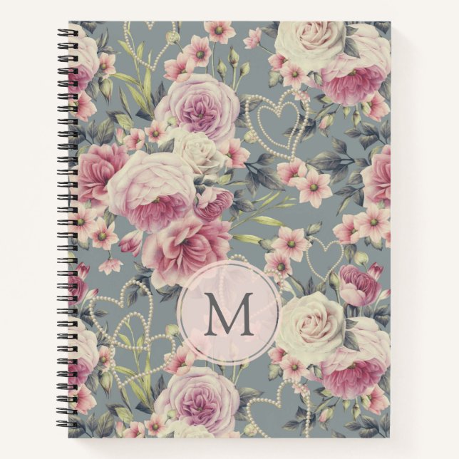 Carnet Monogramme de roses roses et de coeurs de perle (Devant)