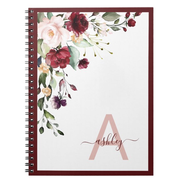 Carnet Monogramme de script floral Bourgogne Nom initial (Devant)