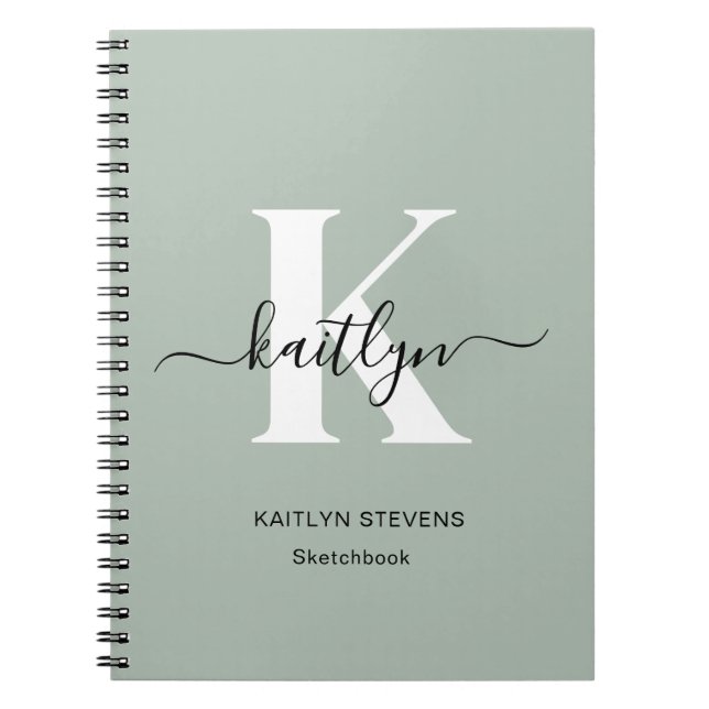Carnet Monogramme de style moderne vert sauge (Devant)