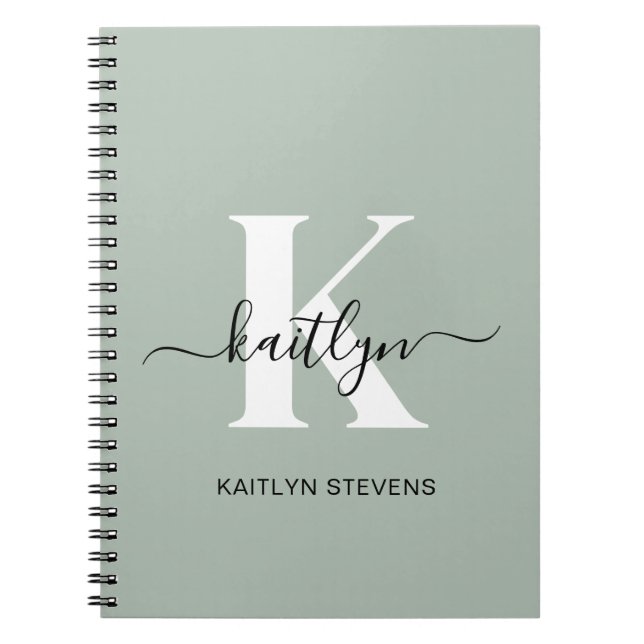 Carnet Monogramme de style moderne vert sauge (Devant)
