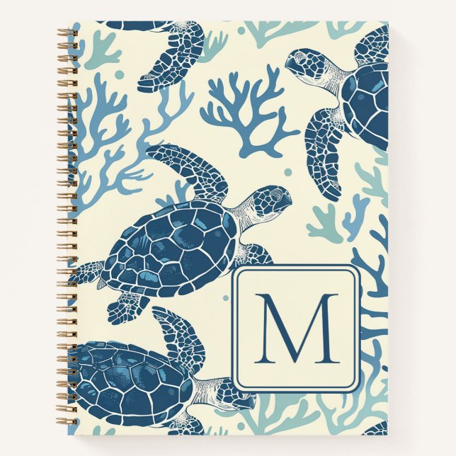 Carnet Monogramme de tortues marines bleues et crémeuses (Devant)