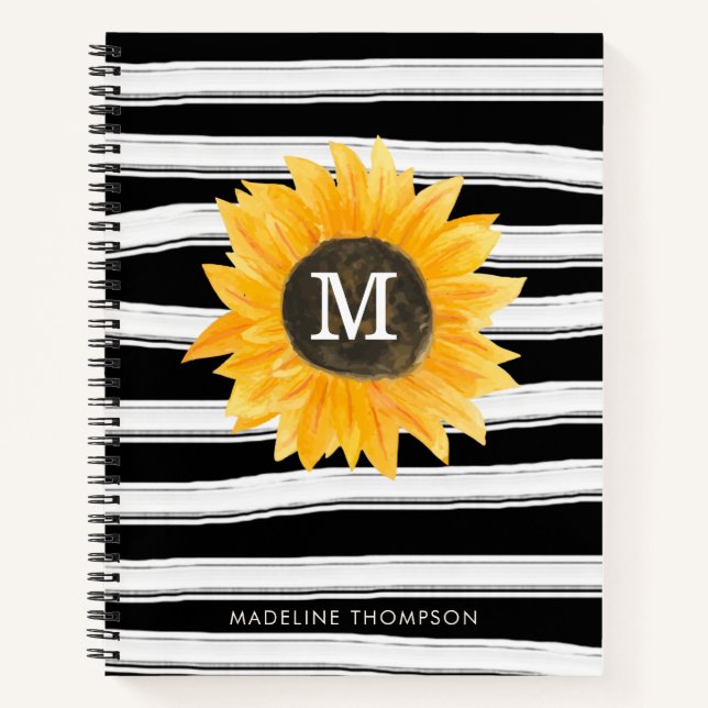 Carnet Monogramme de tournesol noir moderne (Devant)