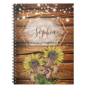 Carnet Monogramme de tournesol rustique en bois de grange
