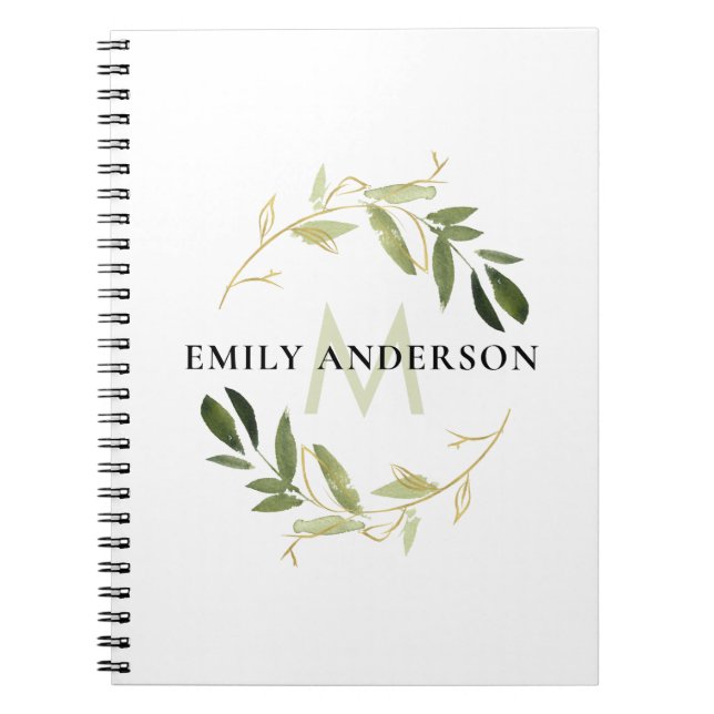 CARNET MONOGRAMME D'EAU DE COULEUR VERT GOLD FOLIAGE (Devant)