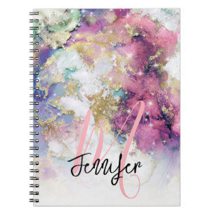Carnet Monogramme d'espace de galaxie violet or personnal
