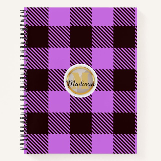 Carnet Monogramme d'or personnalisé Nom Tartan d'orchidée (Devant)