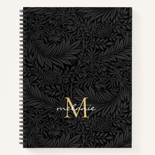 Carnet Monogramme doré floral noir élégant (Devant)