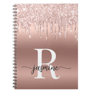 Carnet Monogramme écriture rose or métal paillettes coulu