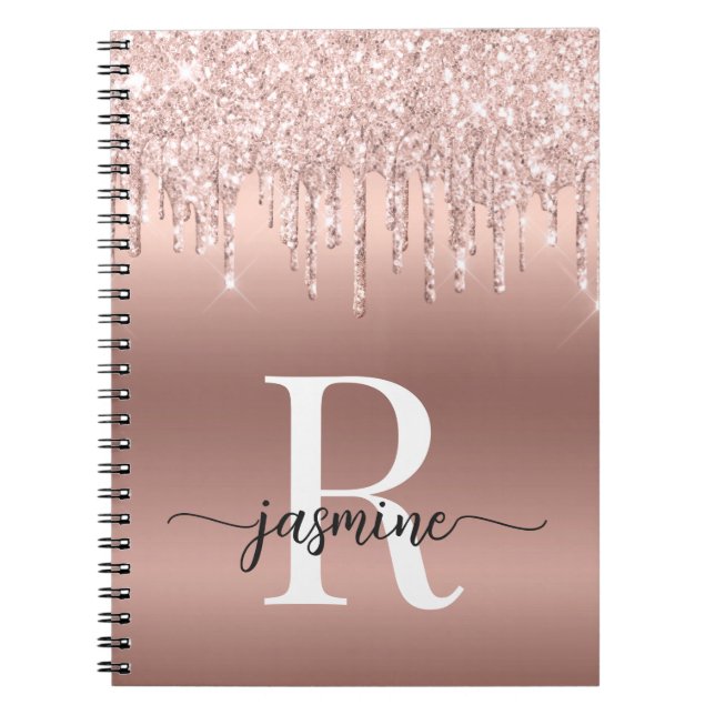 Carnet Monogramme écriture rose or métal paillettes coulu (Devant)