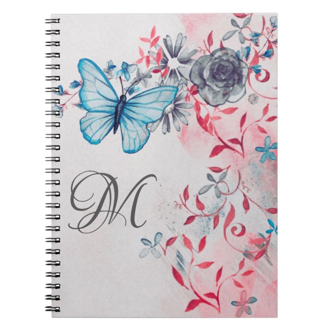 Carnet Monogramme Elegant Bleu Butterflie Floral (Devant)