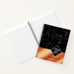 Carnet Monogramme élégant en marbre noir et feuille de br