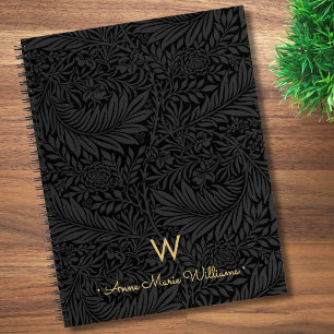 Carnet Monogramme élégant en or Nom Motif floral noir