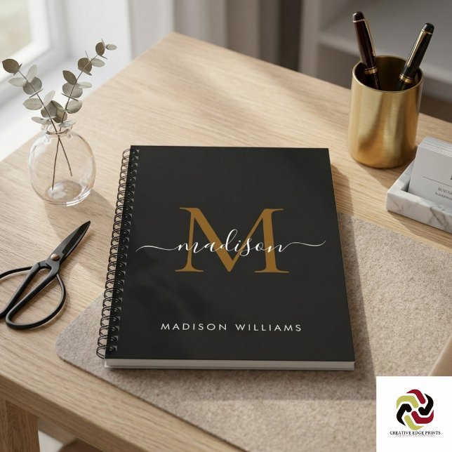 Carnet Monogramme Élégant Noir Or Script Bureau École (Elegant Monogram Black Gold Script Office School Notebook
)