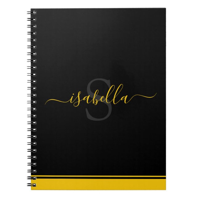 Carnet Monogramme élégant Script Jaune noir (Devant)