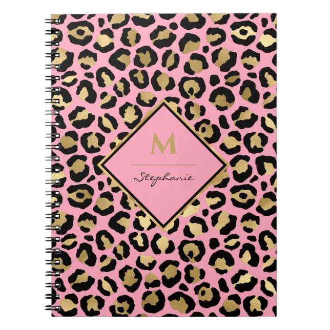 Carnet Monogramme Empreinte de léopard noir et or rose ch (Devant)