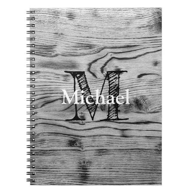 Carnet Monogramme en bois grillé gris noir rustique vinta (Devant)