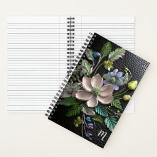 Carnet monogramme en cuir noir aspect cuir avec relief fl