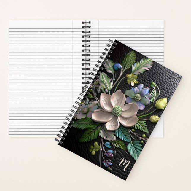 Carnet monogramme en cuir noir aspect cuir avec relief fl (À l'intérieur)