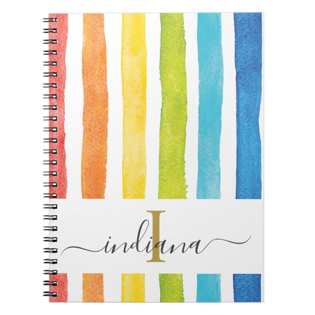 Carnet Monogramme en écriture cursive à rayures arc-en-ci (Devant)
