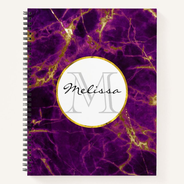 Carnet Monogramme en marbre Abstrait moderne violet et or (Devant)