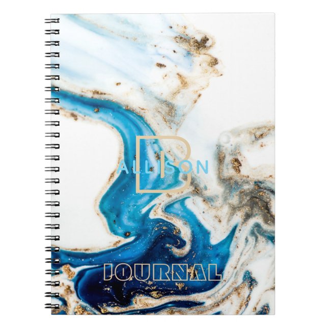 Carnet Monogramme en marbre bleu blanc Abstrait (Devant)