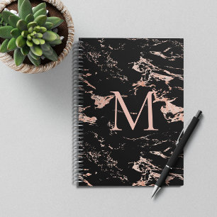 Carnet Monogramme en marbre noir chic Rose Gold Foil