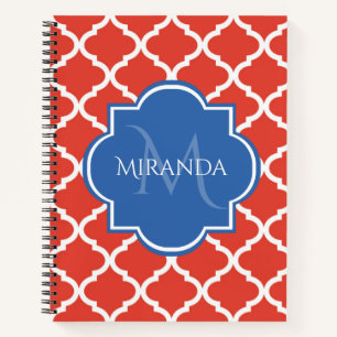 Carnet Monogramme et nom bleu Quatrefoil rouge tendance