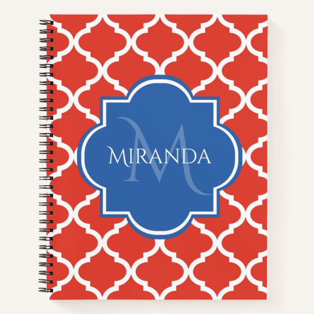 Carnet Monogramme et nom bleu Quatrefoil rouge tendance (Devant)