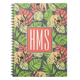 Carnet Monogramme exotique de feuille et d'éléphants