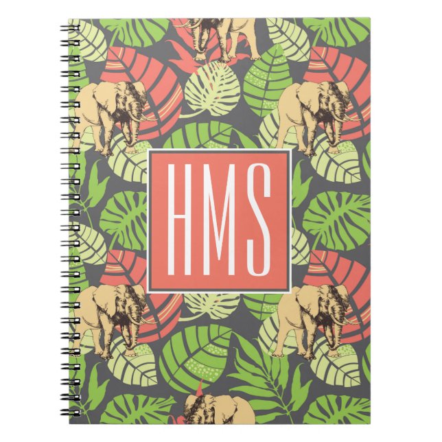 Carnet Monogramme exotique de feuille et d'éléphants | de (Devant)