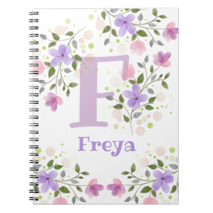 Carnet Monogramme F & Nom Freya avec Fleurs
