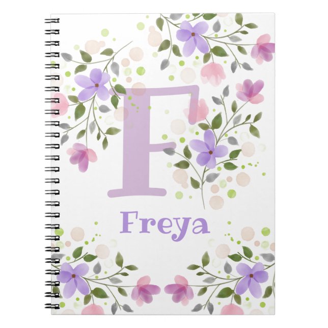 Carnet Monogramme F & Nom Freya avec Fleurs (Devant)