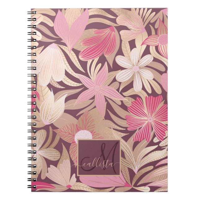Carnet Monogramme Feuille rose or bordeaux (Devant)