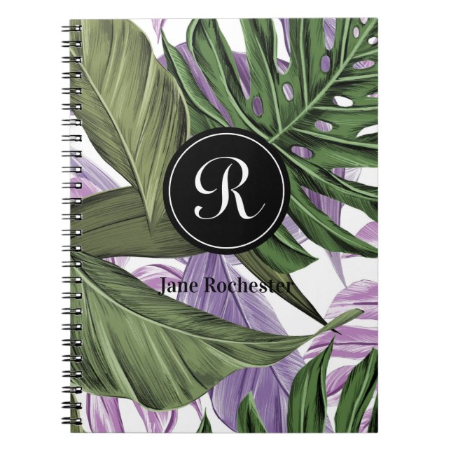Carnet Monogramme Feuille violet vert d'été tropical (Devant)