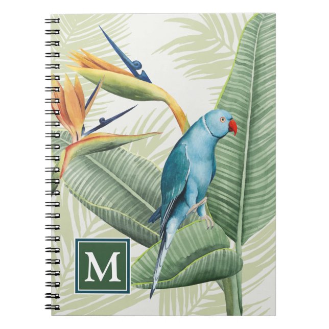 Carnet Monogramme | Feuilles de palmiers à oiseaux bleus (Devant)