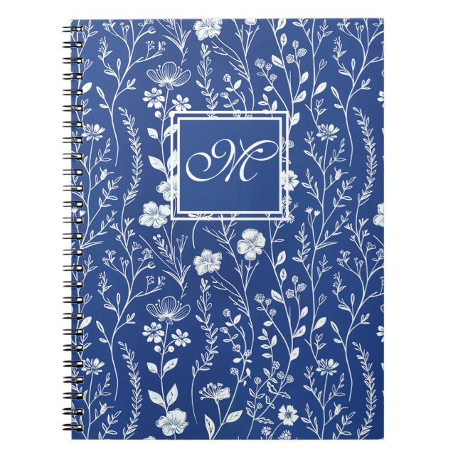 Carnet Monogramme Fleur sauvage bleu et blanc (Devant)