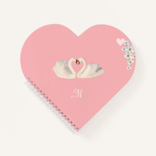 Carnet Monogramme Fleurs Blanches et Cygnes sur Rose Clai