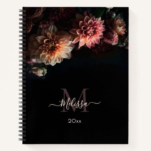Carnet Monogramme Fleurs Blush Sombres Noir (Devant)
