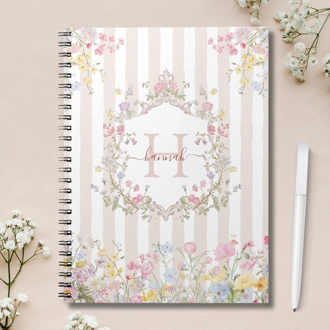 Carnet Monogramme Fleurs Colorées Art Rococo Rayures (In situ)