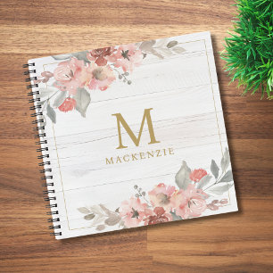 Carnet Monogramme Floral Aquarelle Rose Bois Rustique