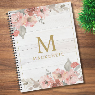 Carnet Monogramme Floral Aquarelle Rose Bois Rustique