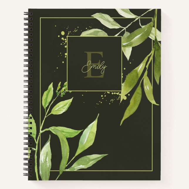 Carnet Monogramme floral aquarelle vert élégant (Devant)