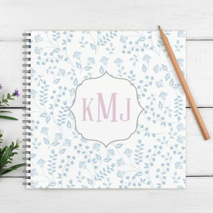 Carnet Monogramme floral bleu élégant 