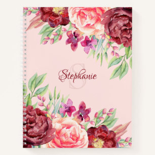 Carnet Monogramme floral Bourgogne Blush Nom personnalisé